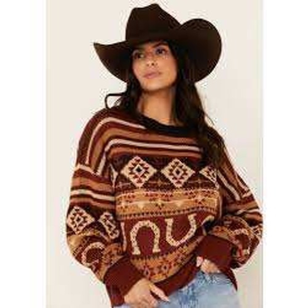 Wrangler Retro Womens Sz XXL Sweater Brown Southwestern Horseshoe Aztec Pullover